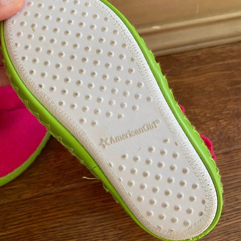 American Girl Hot Pink Knit Ruffle Slippers with Lime Trim